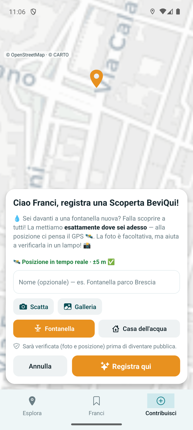 Schermata Contribuisci di BeviQui: aggiungi una fontanella
