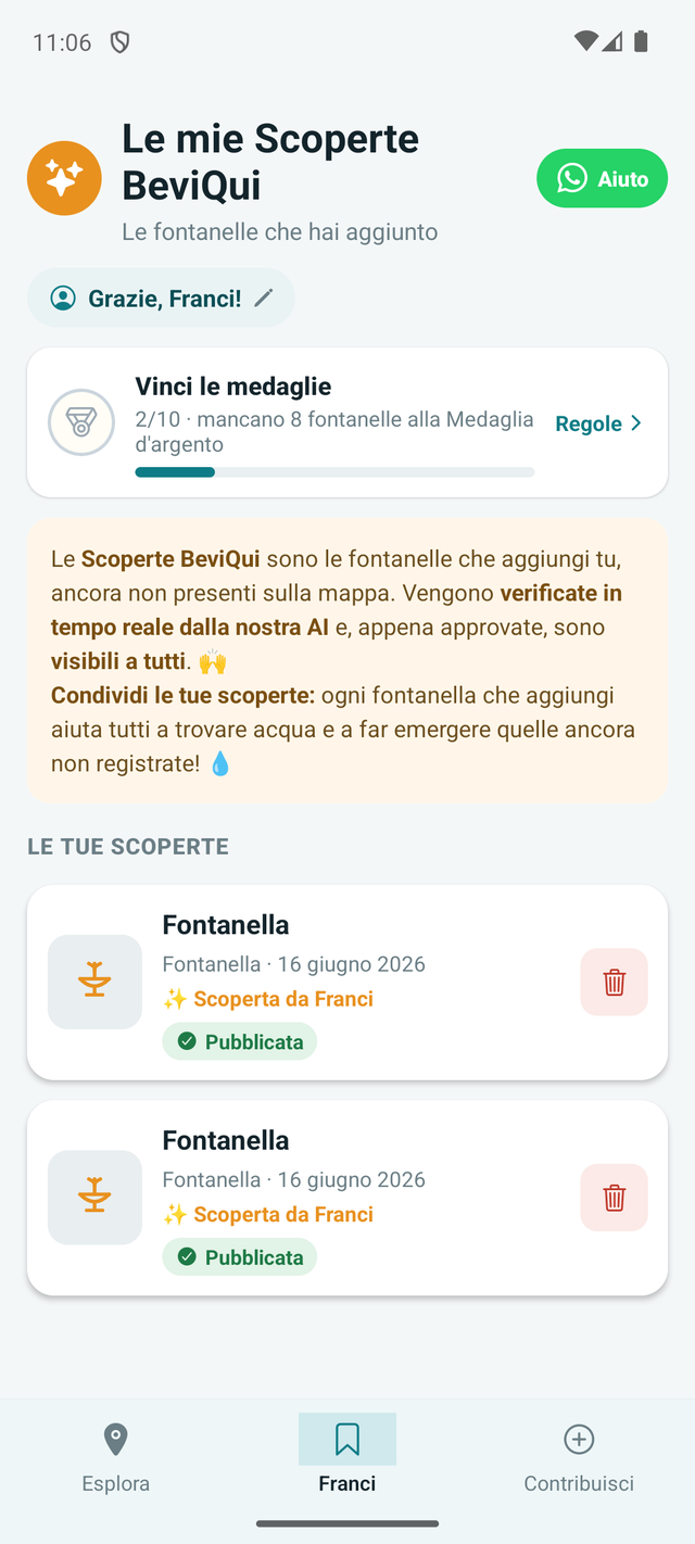 Schermata Le mie Scoperte di BeviQui: i tuoi contributi e le medaglie