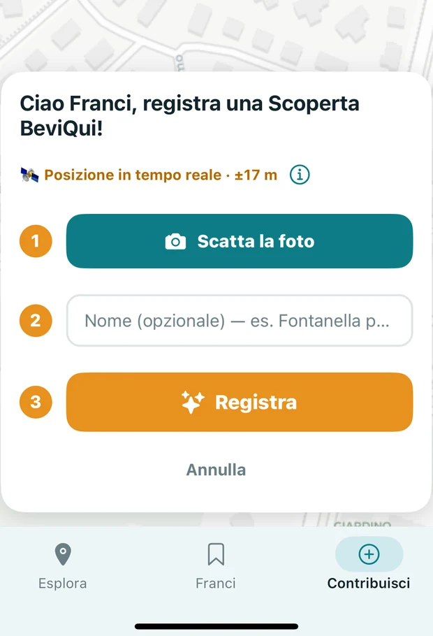 Schermata Contribuisci di BeviQui: scatta la foto, dai un nome e registra la scoperta
