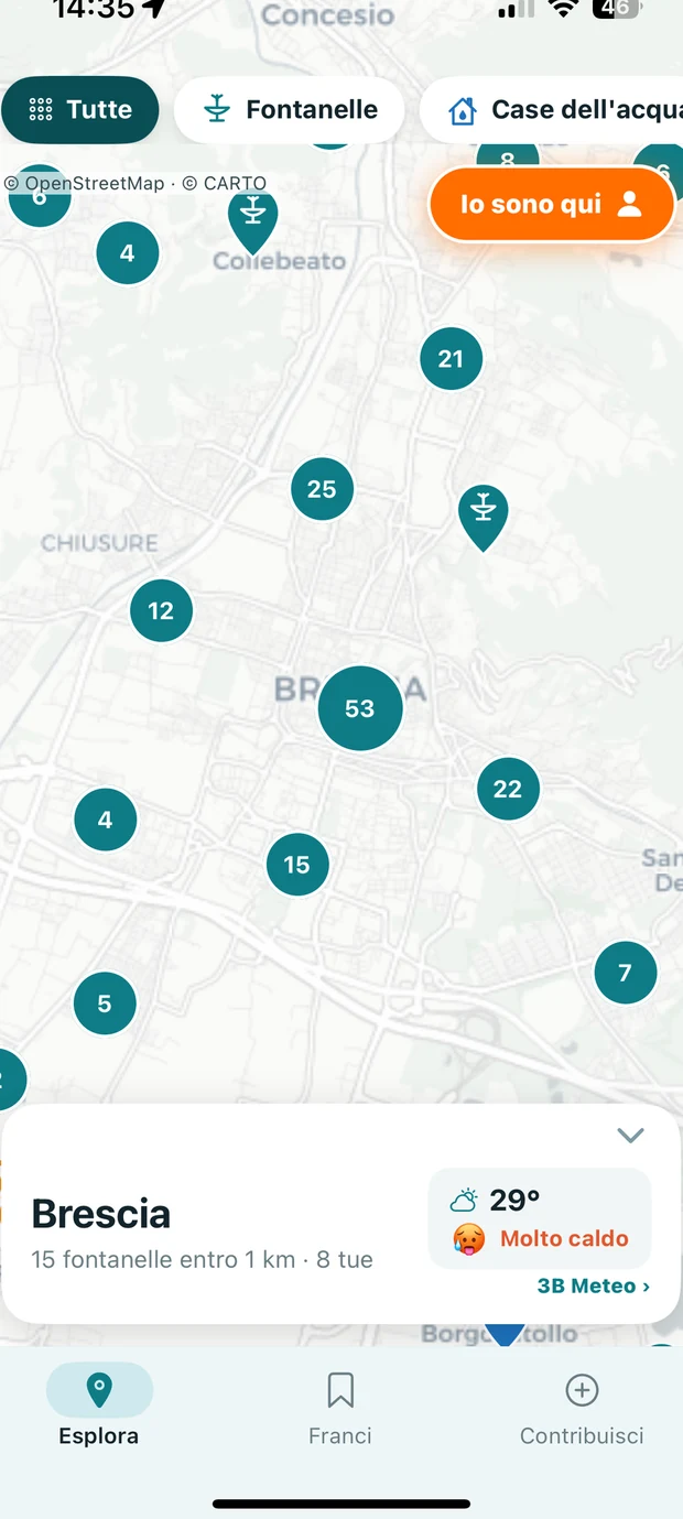 La mappa di BeviQui con le fontanelle di acqua potabile intorno a Brescia
